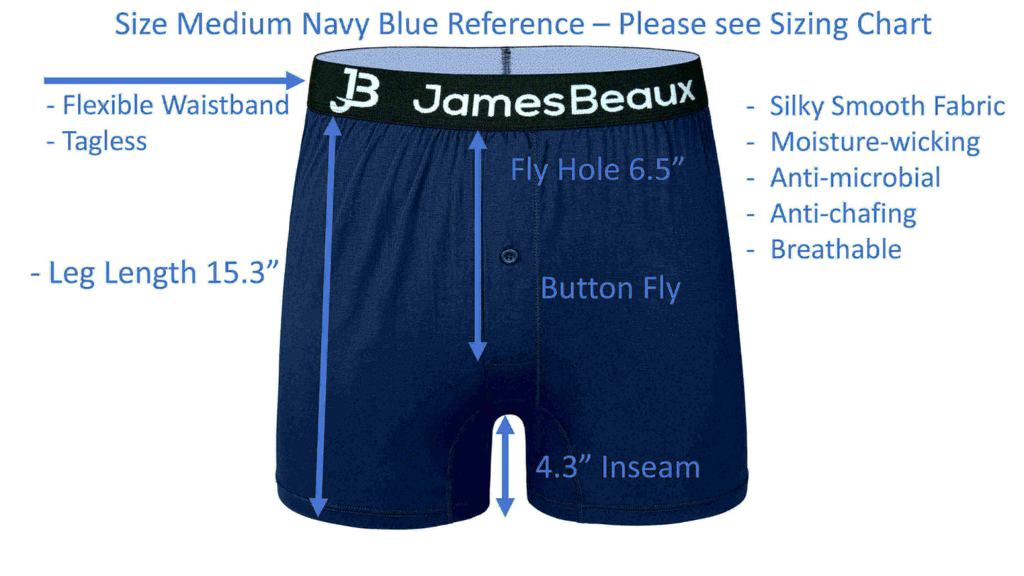 Size Medium Navy Blue Boxer Shorts with flexible waistband and moisture-wicking features by James Beaux.